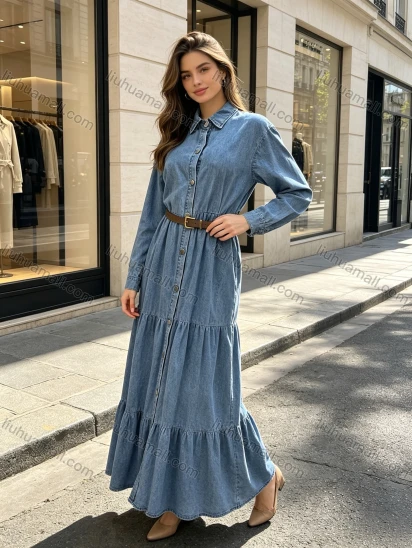 Wholesale Women's Casual Tiered Belted Long Sleeve Denim Maxi Dress #MC-06