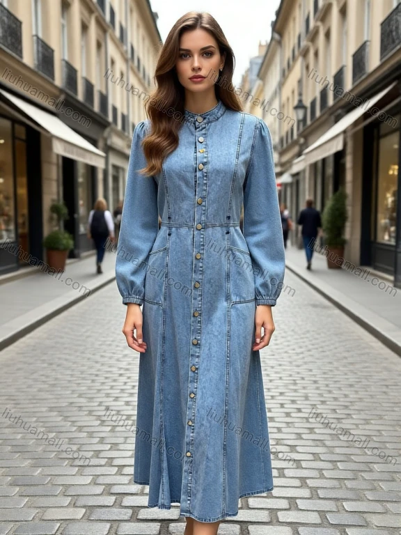 Wholesale Women's Casual Stand Collar Button Front Long Sleeve Denim Maxi Dress #MC-08