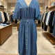 Wholesale Women's Casual V-Neck Batwing Sleeve Elastic Waist Button Front Denim Midi Dress #MC-09 Denim Clothing Wholesale Market Liuhua