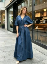 Wholesale Women's Casual V-Neck Batwing Sleeve Elastic Waist Button Front Denim Midi Dress #MC-09, LIUHUA CLOTHING WHOLESALE