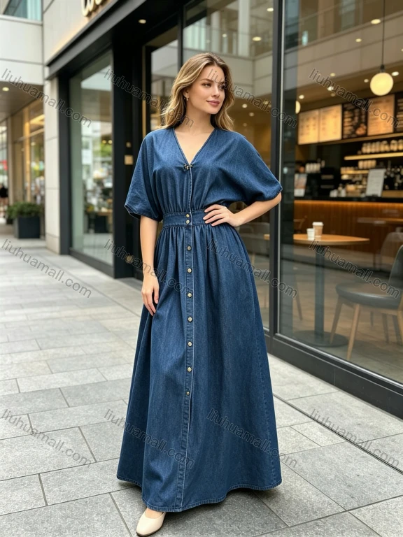 Wholesale Women's Casual V-Neck Batwing Sleeve Elastic Waist Button Front Denim Midi Dress #MC-09