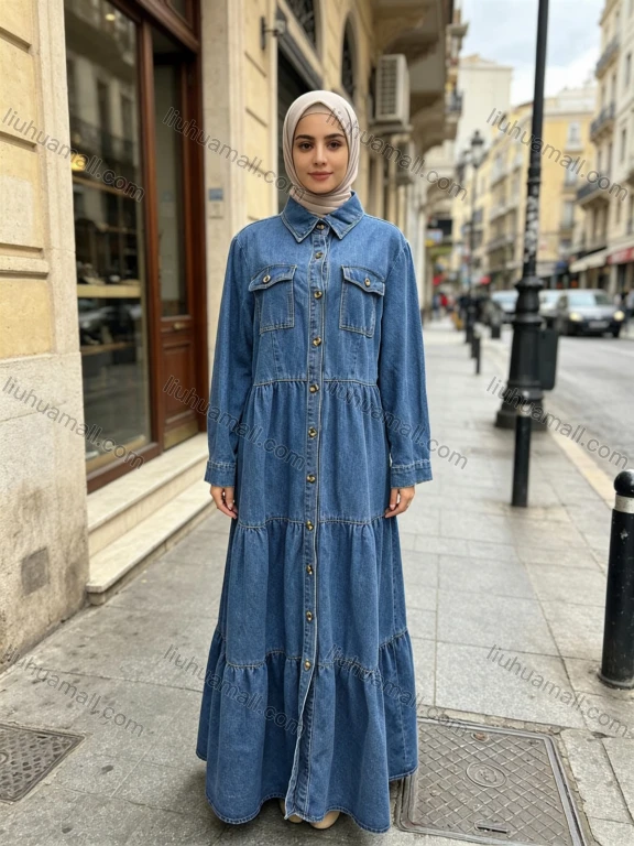 Wholesale Women's Casual Lapel Collar Tiered Long Sleeve Denim Maxi Dress #MC-10