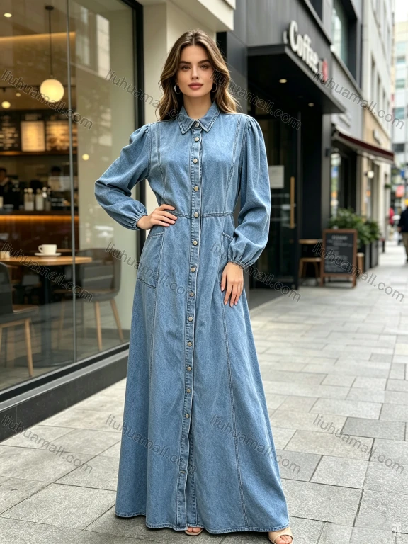 Wholesale Women's Streetwear Puff Sleeve Button Front Long Sleeve Denim Maxi Dress #MC-11