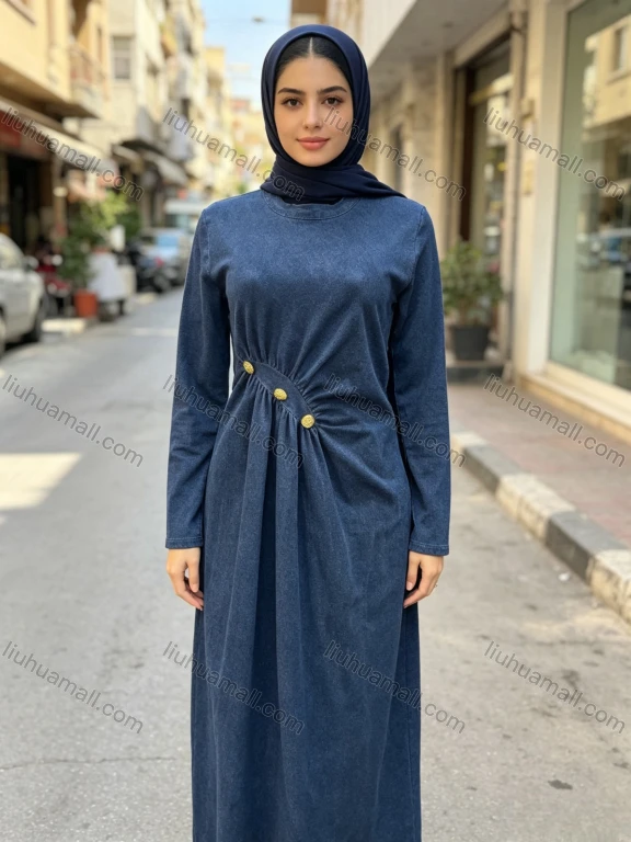 Wholesale Women's Elegant Asymmetric Button Detail Ruched Waist Long Sleeve Denim Midi Dress #MC-12