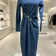Wholesale Women's Elegant Asymmetric Button Detail Ruched Waist Long Sleeve Denim Midi Dress #MC-12 Denim Clothing Wholesale Market Liuhua