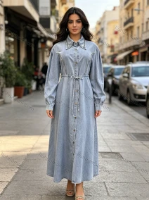 Wholesale Women's Streetwear Rhinestone Trim Drawstring Waist Puff Sleeve Denim Maxi Dress #MC-13, LIUHUA CLOTHING WHOLESALE