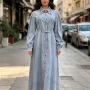 Wholesale Women's Streetwear Rhinestone Trim Drawstring Waist Puff Sleeve Denim Maxi Dress #MC-13 preview
