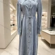 Wholesale Women's Streetwear Rhinestone Trim Drawstring Waist Puff Sleeve Denim Maxi Dress #MC-13 Denim Clothing Wholesale Market Liuhua