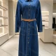 Wholesale Women's Casual Lapel Collar Belted Patch Pocket Long Sleeve Denim Midi Dress #MC-14 Denim Clothing Wholesale Market Liuhua