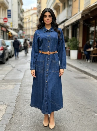 Wholesale Women's Casual Lapel Collar Belted Patch Pocket Long Sleeve Denim Midi Dress #MC-14, LIUHUA CLOTHING WHOLESALE