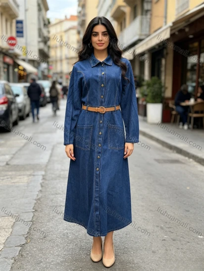 Wholesale Women's Casual Lapel Collar Belted Patch Pocket Long Sleeve Denim Midi Dress #MC-14