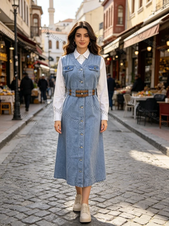 Wholesale Women's Streetwear V-Neck Belted Button Front Sleeveless Denim Midi Dress #MC-15