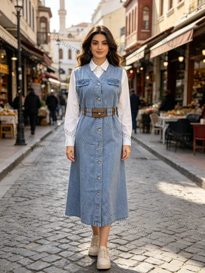 Wholesale Women's Streetwear V-Neck Belted Button Front Sleeveless Denim Midi Dress #MC-15