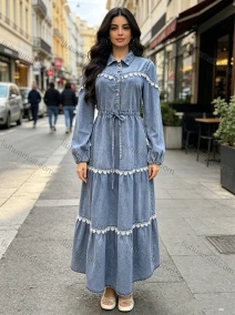 Wholesale Women's Vintage Lace Trim Tiered Drawstring Waist Puff Sleeve Denim Maxi Dress #MC-16, LIUHUA CLOTHING WHOLESALE