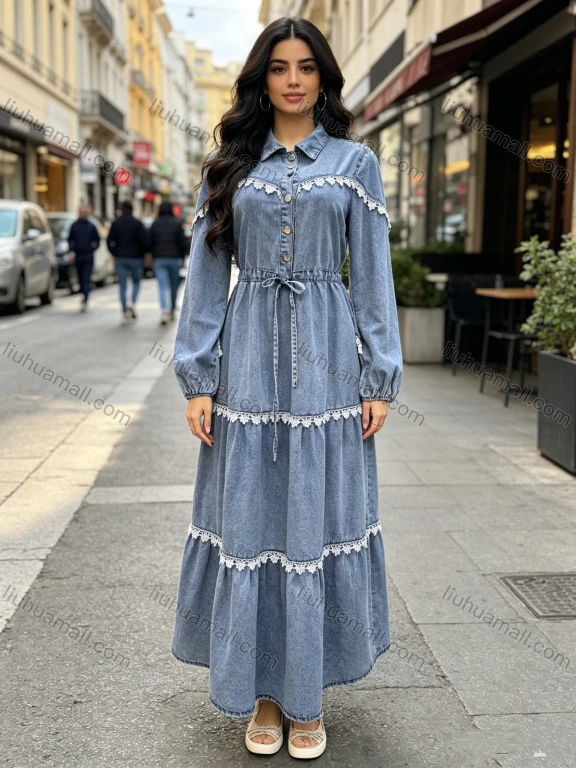 Wholesale Women's Vintage Lace Trim Tiered Drawstring Waist Puff Sleeve Denim Maxi Dress #MC-16