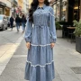 Wholesale Women's Vintage Lace Trim Tiered Drawstring Waist Puff Sleeve Denim Maxi Dress #MC-16 preview