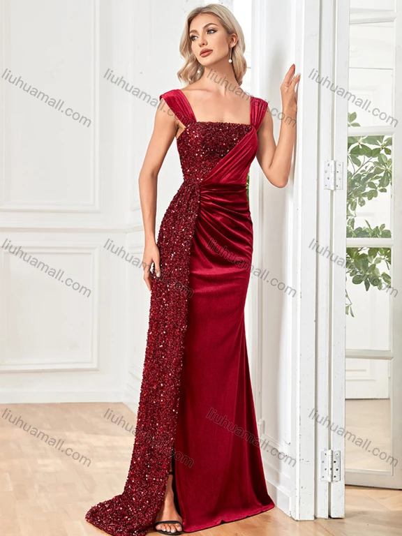 Wholesale Women's Floor Length Evening Gown with Sequin Detail and Draped Design