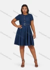 Wholesale Women's Casual Crew Neck Button Decor Denim Dress With Belt 5810# - Liuhuamall