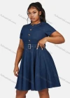 Wholesale Women's Casual Crew Neck Button Decor Denim Dress With Belt 5810# - Liuhuamall