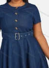 Wholesale Women's Casual Crew Neck Button Decor Denim Dress With Belt 5810# - Liuhuamall