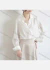 Wholesale Women's Fashion V Neck Long Sleeve Pearl Decor Twist Plain Shirts - Liuhuamall