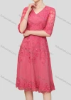 Wholesale Women's Elegant High Waist V Neck Short Sleeve Sheer Mesh Floral Embroidery Knee Length Dress - Liuhuamall