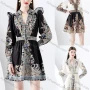 Wholesale Women's Elegant Notched Button Down Folk Art Print Short Dress preview