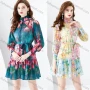 Wholesale Women's Elegant Stand Collar Floral Print High Waist Long Sleeve Short Shirt Dress preview