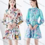 Wholesale Women's Casual Stand Collar High Waist Floral Print Long Sleeve Short Shirt Dress With Belt preview