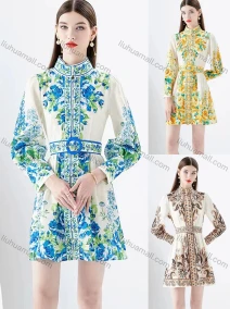 Wholesale Women's Elegant Stand Collar High Waist Folk Art Print Long Sleeve Short Shirt Dress With Belt, LIUHUA CLOTHING WHOLESALE