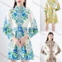 Wholesale Women's Elegant Stand Collar High Waist Folk Art Print Long Sleeve Short Shirt Dress With Belt preview