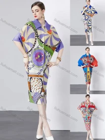 Wholesale Women's Casual Allover Print Graphic Collared Button Down Pleated Half Sleeve Midi Dress, LIUHUA CLOTHING WHOLESALE