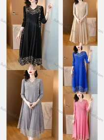 Wholesale Women's Elegant V Neck Ribbed Striped Splicing Hanky Hem Long Sleeve Midi Dress, LIUHUA CLOTHING WHOLESALE