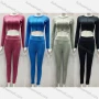 Wholesale Women's Casual Long Sleeve Topstitch Sewing Lettuce Trim Crop Tops & Slim Fit Pants 2 Piece Set preview