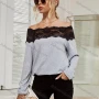 Wholesale Women's Casual Long Sleeve Off Shoulder Lace Trim Splicing Plain Blouse X2566L# preview
