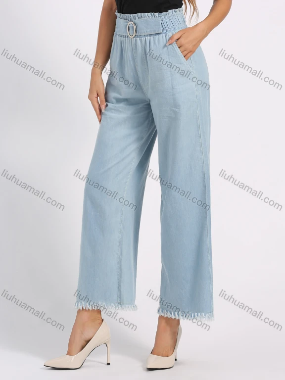 Wholesale Women's High Waist O-Ring Metal Decor Patch Pocket Distressed Frayed Raw Hem Casual Wide-leg Jeans