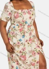 Wholesale Women's Square Neck Floral Print Split Thigh Midi Dress - Liuhuamall