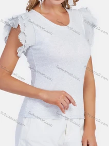 Wholesale Women's Casual Plain Round Neck Petal Short Sleeve Blouse, LIUHUA CLOTHING WHOLESALE