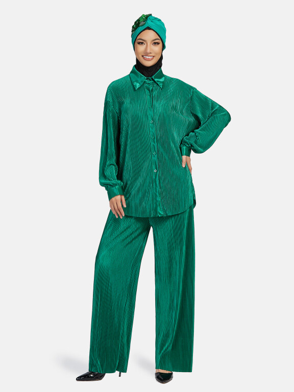 Women's Muslim Islamic Fashion Plain Pleated Long Sleeve Casual Shirt 2 Piece Set, Clothing Wholesale Market -LIUHUA, All Categories