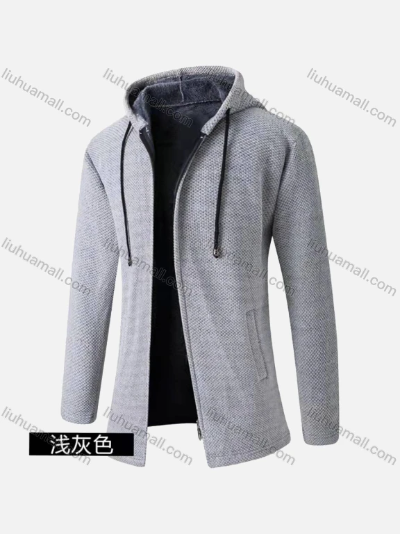 Wholesale Men's Casual Plain Long Sleeve Zipper Chunky Knit Drawstring Long Hooded Jacket