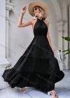 Wholesale Women's Elegant Plain Backless Ruched High Waist Ruffle Hem Maxi Halter Dress - Liuhuamall