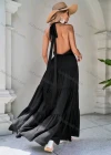Wholesale Women's Elegant Plain Backless Ruched High Waist Ruffle Hem Maxi Halter Dress - Liuhuamall