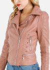 Wholesale Women's Casual Long Sleeve Lapel Zipper Pockets Beaded Crop Faux Leather Jacket - Liuhuamall