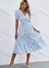 Wholesale Women's Casual Allover Print Wrap V Neck Puff Sleeve Ruffle Hem Midi Dress - Liuhuamall