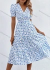 Wholesale Women's Casual Allover Print Wrap V Neck Puff Sleeve Ruffle Hem Midi Dress - Liuhuamall