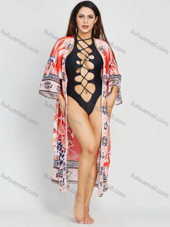 Wholesale Women's Floral Flamingo Print 3/4 Sleeve Midi Kimono Cardigan With Belt