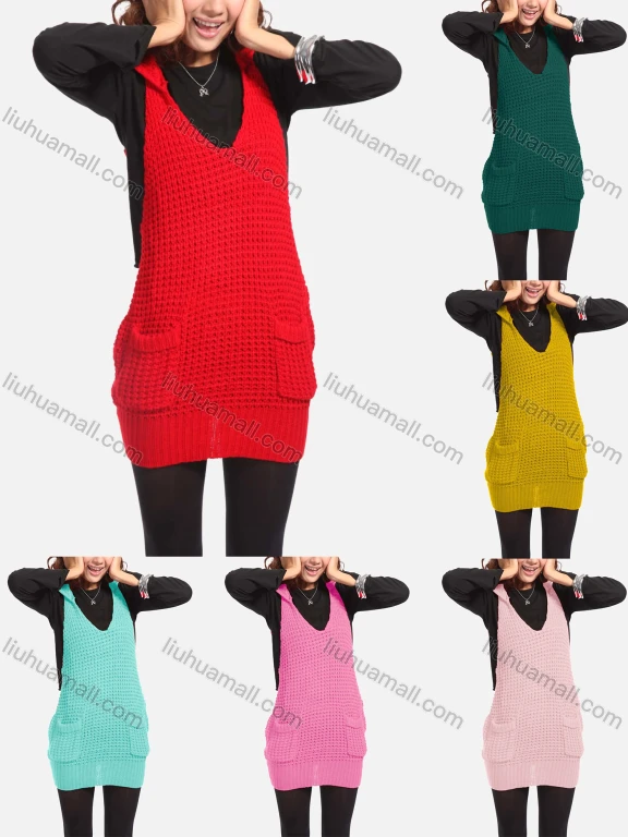 Wholesale Women's Casual Sleeveless V Neck Patch Pockets Knit Tunic 851#