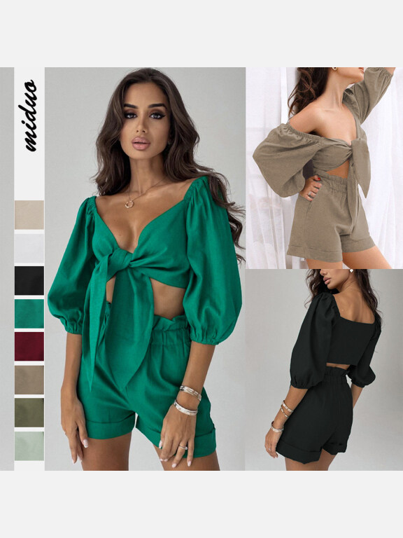 Women's Sexy Puff Sleeve Tie Front Crop Tops&Paper Waist Shorts 2 Piece Sets, Clothing Wholesale Market -LIUHUA, All Categories