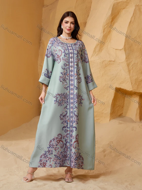 Wholesale Luxury Beaded & Pearl Embroidered Muslim Abaya, Dubai Style Flare Sleeve Modest Maxi Kaftan for Eid Ramadan