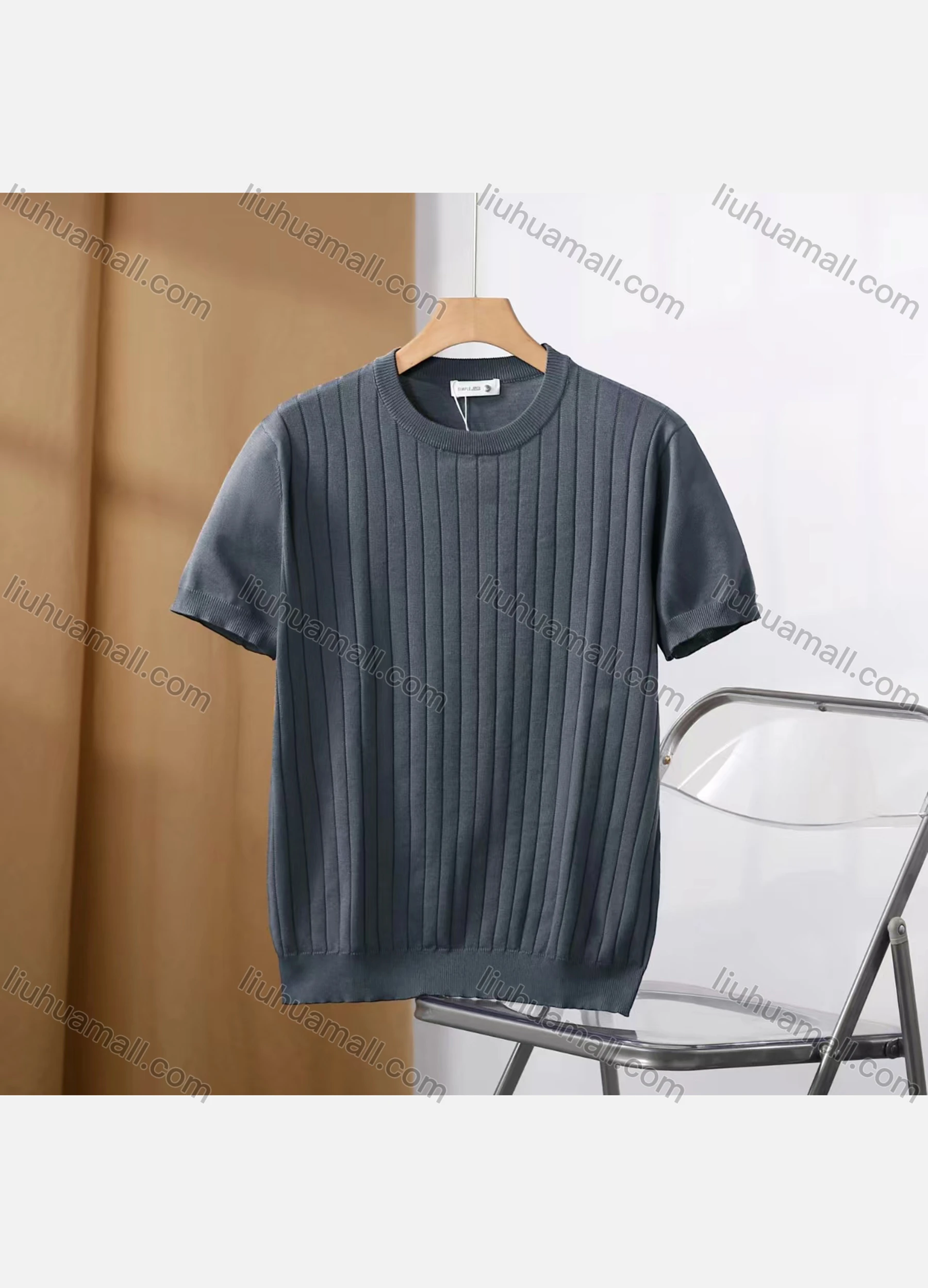 Wholesale Men's Casual Plain Ribbed Round Neck Short Sleeve T-shirts E75005# - Liuhuamall